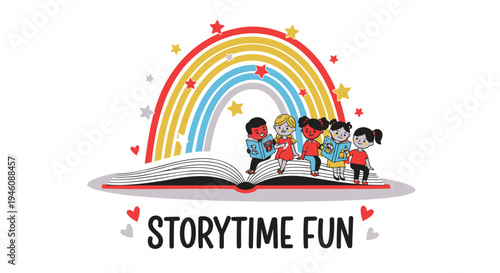 Vector illustration of children reading under a rainbow, storytime fun
