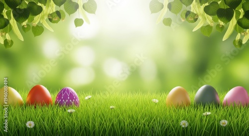 Colorful Easter eggs on a lush green grassy field with flowers and leaves