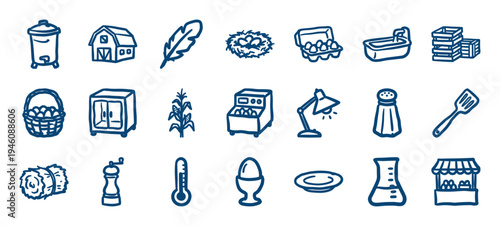 Hand-drawn poultry farming and egg production elements for rustic brand identity. Naive marker sketch illustrations featuring backyard agriculture.