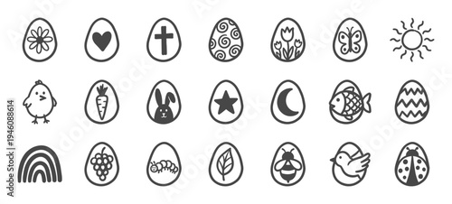 Hand-drawn Easter eggs and spring nature elements for festive branding. Rustic naive marker sketch illustrations featuring holiday concepts.