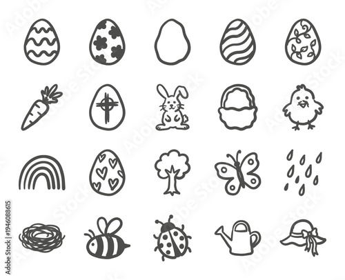 Hand-drawn Easter and spring garden elements for organic brand identity. Rustic, naive marker sketch illustrations featuring seasonal holiday concepts.