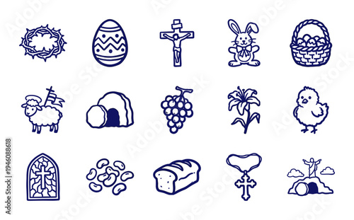 Easter and Christian religious symbols for festive branding. Hand-drawn naive doodle illustrations featuring resurrection and spring holiday concepts.