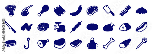 Hand-drawn butcher and meat shop elements for rustic brand identity. Naive marker sketch illustrations featuring various beef, pork, and poultry cuts.