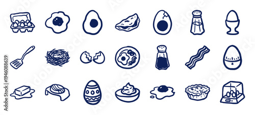 Hand-drawn breakfast and egg cooking elements for rustic kitchen branding. Naive marker sketch illustrations featuring poultry products and cafe morning motifs.