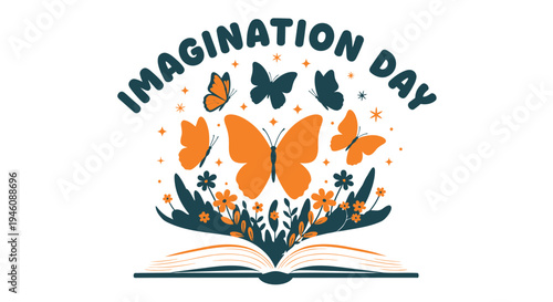 Vector illustration of Imagination Day logo with book, butterflies, flowers