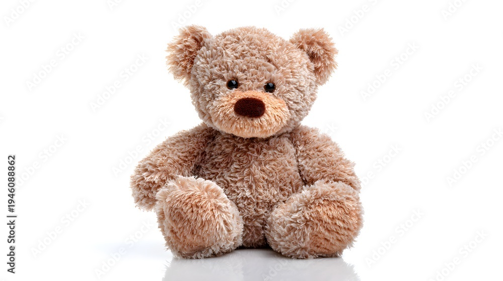 Fototapeta premium Fluffy Brown Teddy Bear Sitting on a White Background.