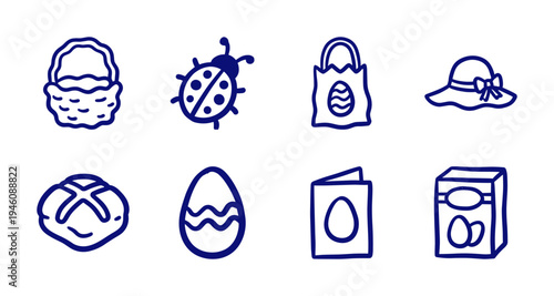 Easter holiday celebration doodles for seasonal branding. Rustic hand-drawn spring elements featuring eggs, basket, church, and ladybug in a naive marker style.