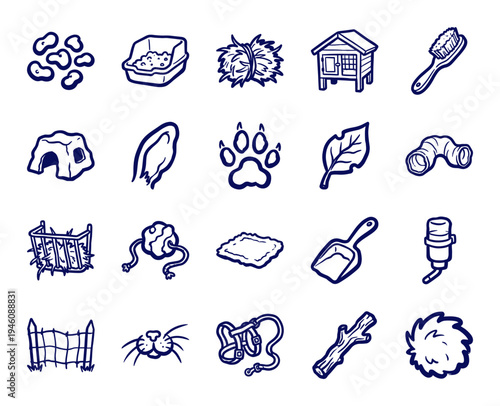 Hand-drawn rabbit care and small pet supplies in a rustic navy blue marker doodle style. Naive organic sketches for animal welfare branding.