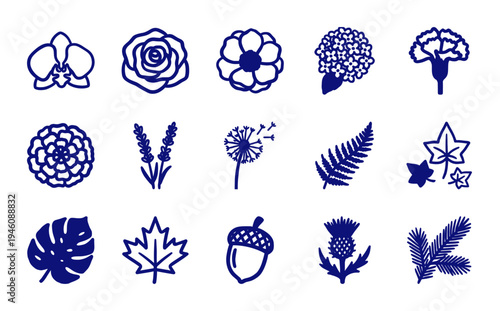 Hand-drawn botanical flora and garden foliage elements for organic branding. Rustic navy blue marker sketch illustrations featuring flowers and leaves.