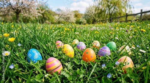 Colorful easter eggs hiding in spring meadow grass