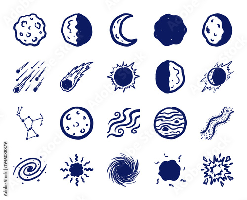 Hand-drawn cosmic and celestial elements for organic branding. Rustic naive marker sketch illustrations featuring moon phases and deep space concepts.