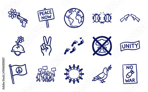Hand-drawn peace and anti-war symbols for social activism. Rustic naive doodle illustrations featuring dove, unity banners, and globe concepts.