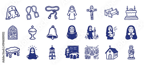 Hand-drawn nun and convent life elements for religious storytelling. Rustic naive marker sketch illustrations featuring catholic monastery concepts.