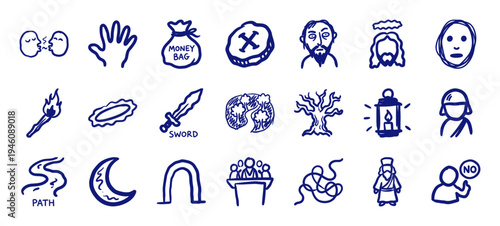 Hand-drawn biblical and mythological story elements in a naive marker sketch style. Rustic blue ink doodles featuring religious and fabled symbols.