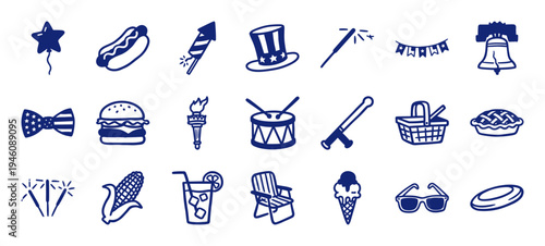 Hand-drawn American Fourth of July celebration elements in a rustic navy ink doodle style. Patriotic US holiday symbols for festive event branding.