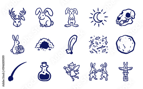 Hand-drawn mystical rabbit and folklore elements for whimsical branding. Naive marker sketch illustrations featuring bunny and forest magic.