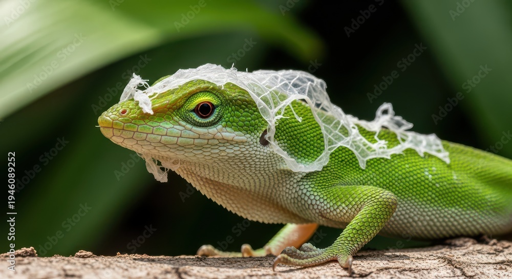Obraz premium Vibrant green reptile displays shedding skin remnants upon rough wooden surface