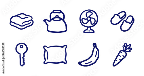 Hand-drawn household objects and fresh food in a rustic blue marker doodle style. Naive line art featuring home comfort and kitchen essentials.