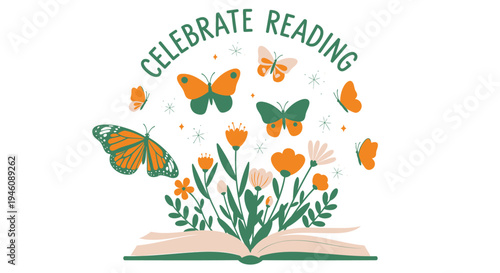 Vector illustration of book with flowers and butterflies, Celebrate Reading