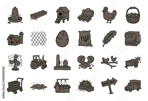 Poultry farming and egg production elements for organic agriculture branding. Rustic, naive marker sketch illustrations featuring chicken coop and hatchery concepts.
