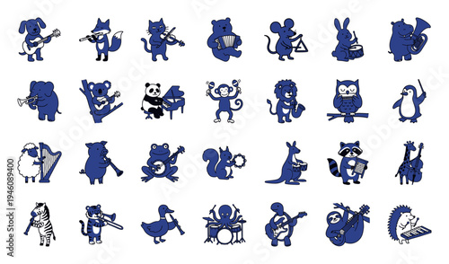 Hand-drawn musical animals in a naive blue ink style. Rustic, whimsical creature silhouettes playing various instruments for organic branding.