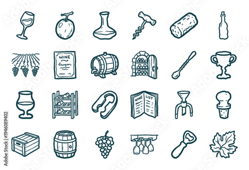 Hand-drawn wine tasting and viticulture elements for rustic vineyard branding. Naive doodle sketch illustrations featuring winery equipment and cellar tools.