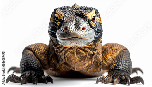 A striking close-up photograph of a Komodo dragon, showcasing its detailed scales and piercing gaze