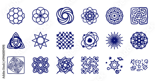 Hand-drawn cosmic and geometric symbols for mystical brand identity. Crude marker sketch illustrations featuring sacred geometry, celestial bodies, and abstract tribal patterns.