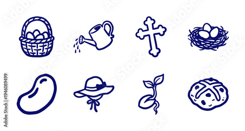 Rustic hand-drawn Easter and spring elements for organic holiday branding. Naive marker sketch illustrations featuring religious and seasonal nature concepts.