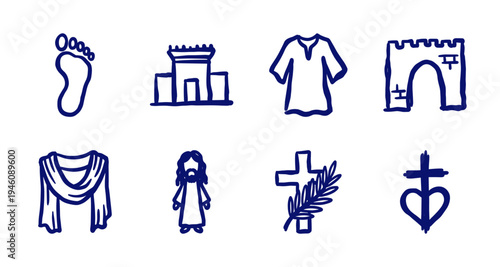 Hand-drawn Christian religious symbols and biblical elements in a naive blue marker sketch style. Rustic spiritual doodles featuring holy figures, crosses, and ancient architecture.