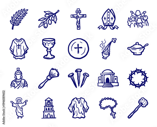 Hand-drawn Christian Holy Week and Easter religious elements in a rustic marker sketch style. Naive blue ink doodles of passion of the Christ symbols.