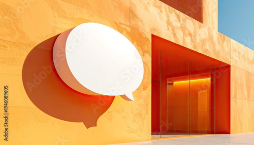 A minimalist architectural exterior features a large white speech bubble against a textured orange wall, with a bright orange entryway.