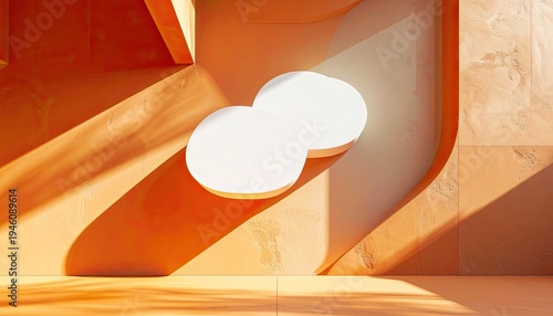 A minimalist 3D render featuring abstract orange geometric shapes and soft shadows.