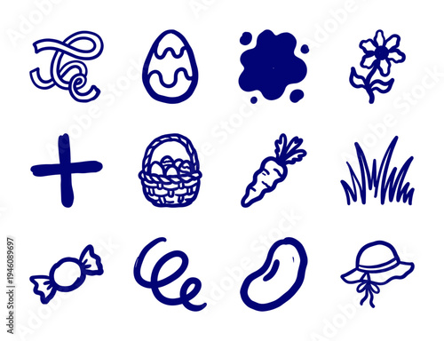 Hand-drawn Easter and spring celebration elements in a naive marker doodle style. Rustic blue ink sketches featuring holiday symbols for organic branding.