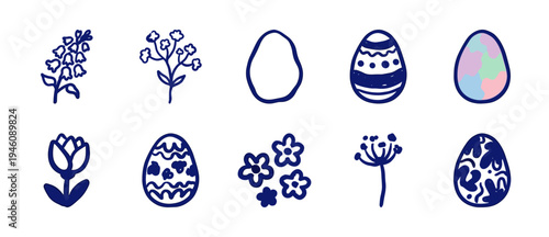 Hand-drawn Easter eggs and spring botanical elements for organic brand identity. Rustic naive marker sketch illustrations featuring floral concepts.