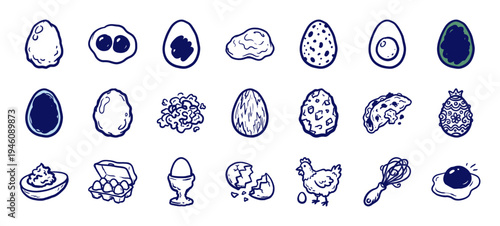 Hand-drawn egg and poultry farming elements for organic food branding. Rustic, naive marker sketch illustrations featuring breakfast cooking and chicken farming concepts.