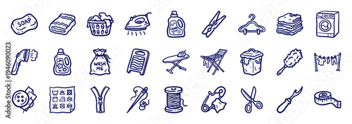 Hand-drawn laundry and garment care elements for domestic branding. Rustic, naive marker sketch illustrations featuring washing and sewing concepts.