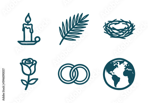 Hand-drawn symbolic elements for spiritual and natural branding. Naive marker sketch illustrations of a candle, palm leaf, nest, rose, rings, and globe.