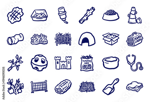 Small pet care and rabbit husbandry elements in a naive blue marker doodle style. Hand-drawn rustic illustrations for guinea pig and rodent wellness.