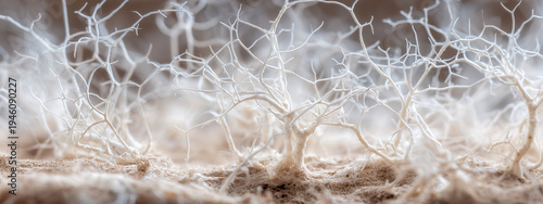 Macro view of white organic mycelium network representing sustainable bio materials and eco friendly packaging technology solutions