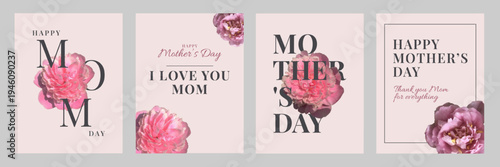 Mother's Day poster set with pink peony flowers in collage technique. Elegant botanical greeting card templates with modern typography. Floral design for holiday greetings, prints and social media.