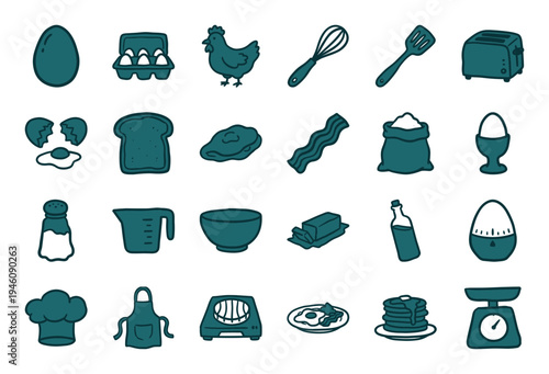 Hand-drawn breakfast and baking kitchen elements for organic culinary branding. Rustic naive marker sketch illustrations featuring cooking tools and ingredients.