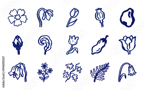 Hand-drawn botanical doodles and floral elements with a rustic marker sketch aesthetic. Naive blue ink illustrations of flowers, leaves, and plants for organic branding.