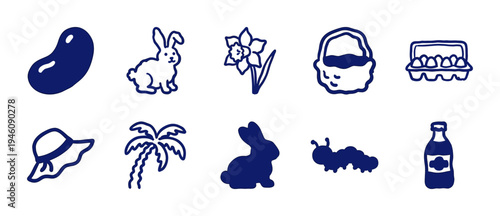 Hand-drawn spring and easter elements for rustic seasonal branding. Naive marker sketch illustrations featuring rabbits, flowers, and holiday symbols.