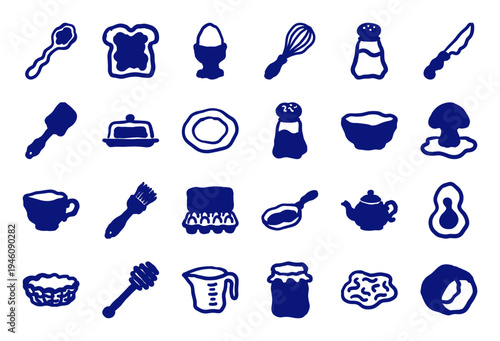 Hand-drawn kitchen utensils and breakfast elements for organic cafe branding. Rustic naive marker sketch illustrations of cooking tools and food.