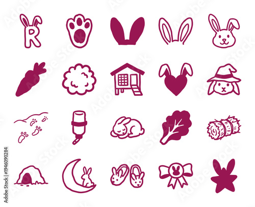 Hand-drawn rabbit care and bunny lifestyle elements for organic branding. Rustic naive marker sketch illustrations featuring pet supplies and nature.