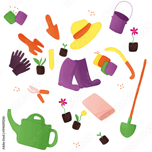 Pattern Gardening, watercolor spring gardening tools and clothes set, isolated on white background. 