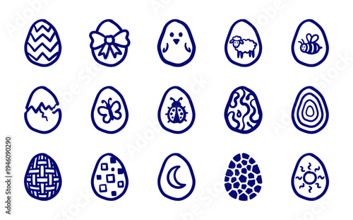 Hand-drawn Easter egg illustrations for spring holiday branding. Naive marker sketch doodle elements featuring seasonal patterns and nature motifs.