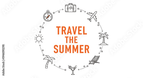 Set of 8 travel icons vector, summer vacation symbols