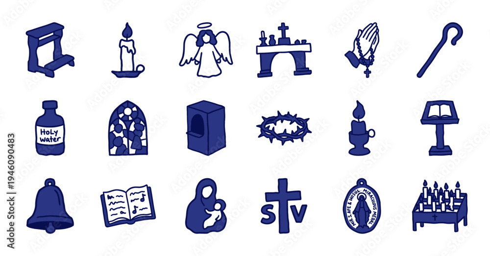 Obraz premium Catholic religious symbols and liturgical items for spiritual branding. Hand-drawn naive blue marker sketch illustrations featuring church and prayer concepts.